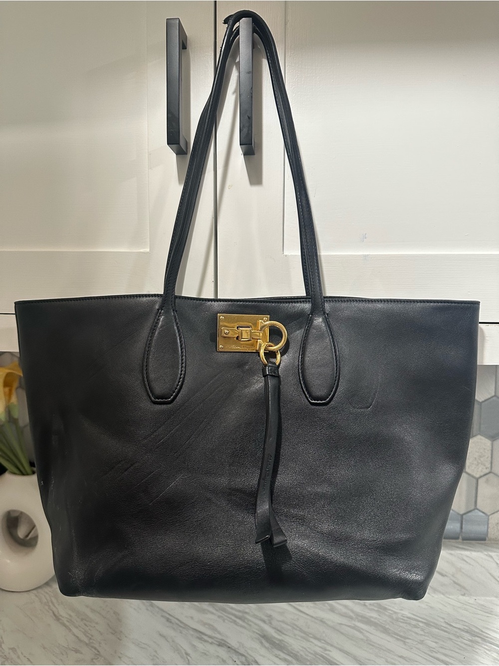 Salvatore Ferragamo Black Leather Tote with Gold Hardware